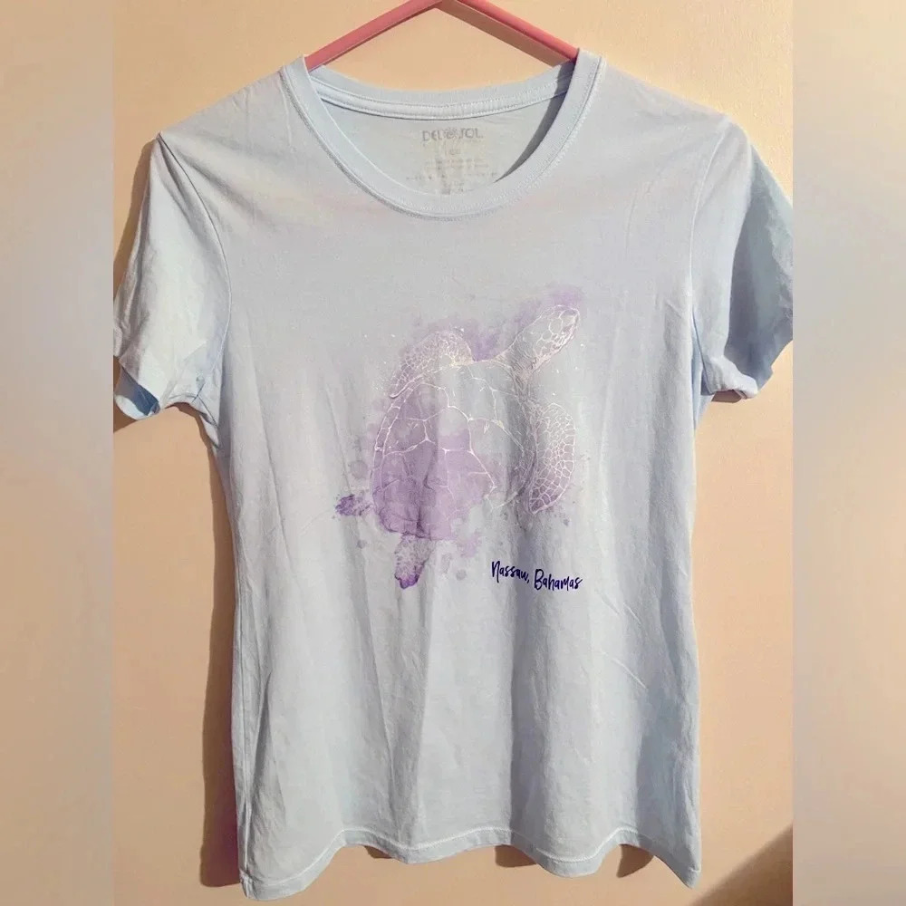 🩵 Del Sol Color Changing light blue T-shirt Turtle Nassau Bahama Sz Large Fitted